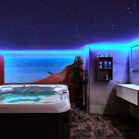 Modernes Wellnessbad mit Whirlpool, LED-Beleuchtung und Wandbild für entspannte Atmosphäre.