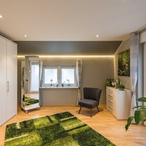 Modernes Schlafzimmer mit grünem Teppich, großem Kleiderschrank und Pflanzen.